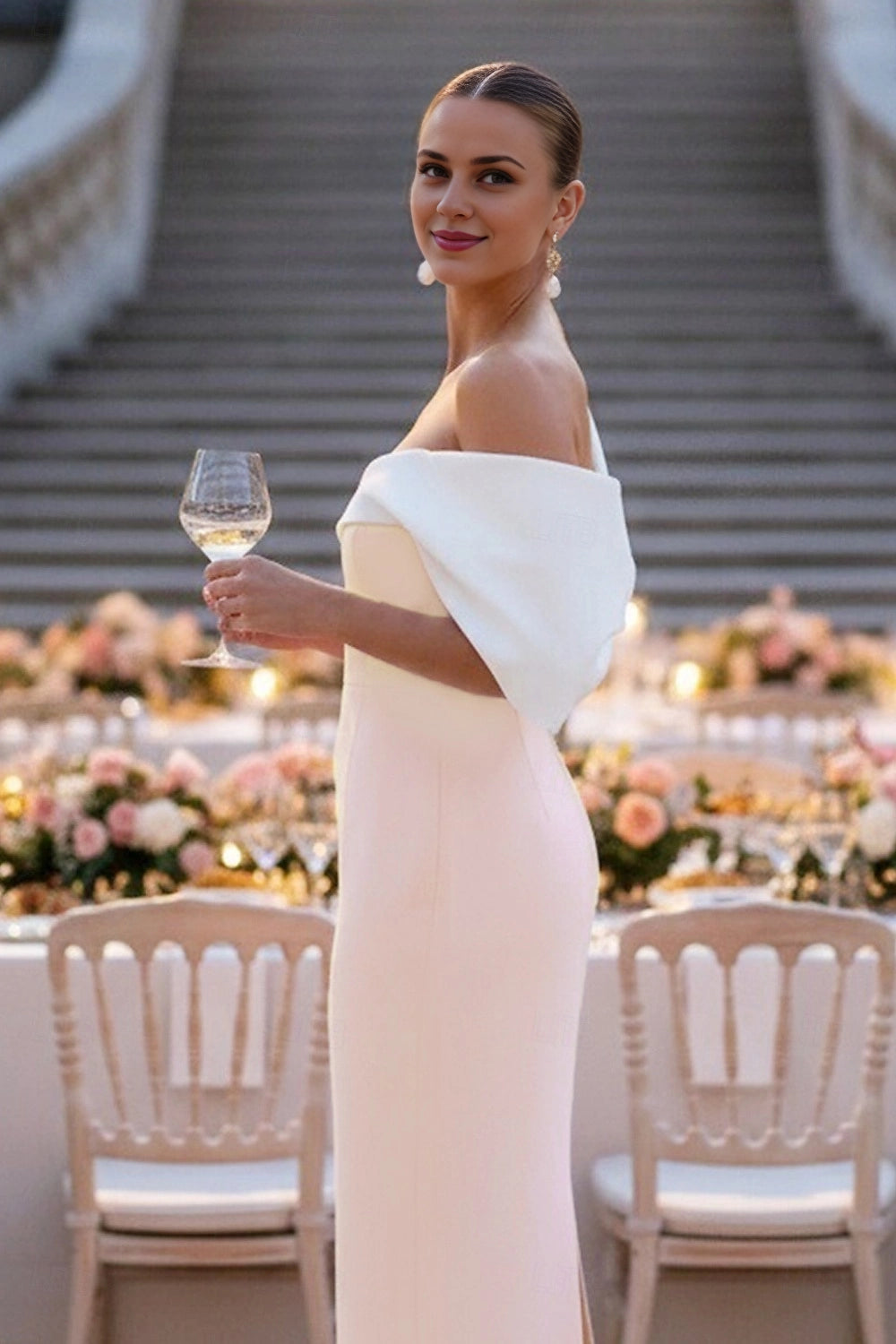 Vedress pink white off shoulder bodycon midi prom dress formal cocktail party gown